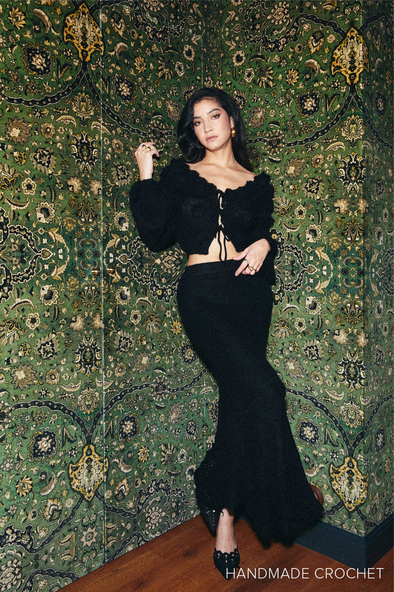 Mohair-blend long skirt with crocheted flowers - black