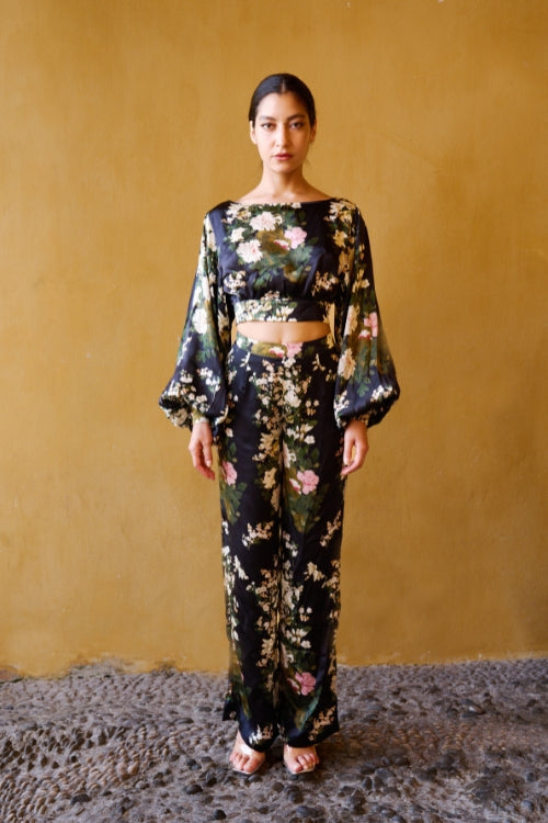 Pantalon droit à imprimé pivoine chinoise – Noir