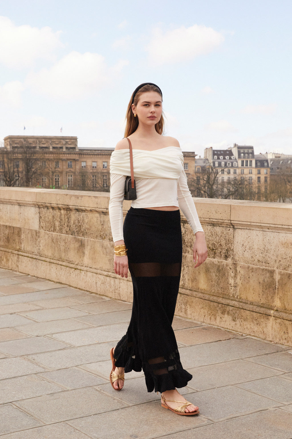 Off-shoulder ruched crossed stretch Lyocell top - off white