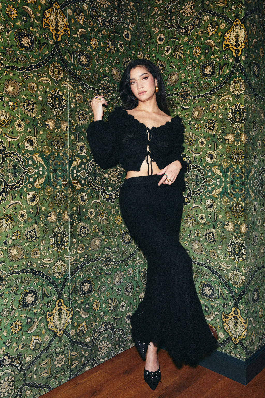 Haut en mohair melangé en crochet à fleurs à lacet - noir
