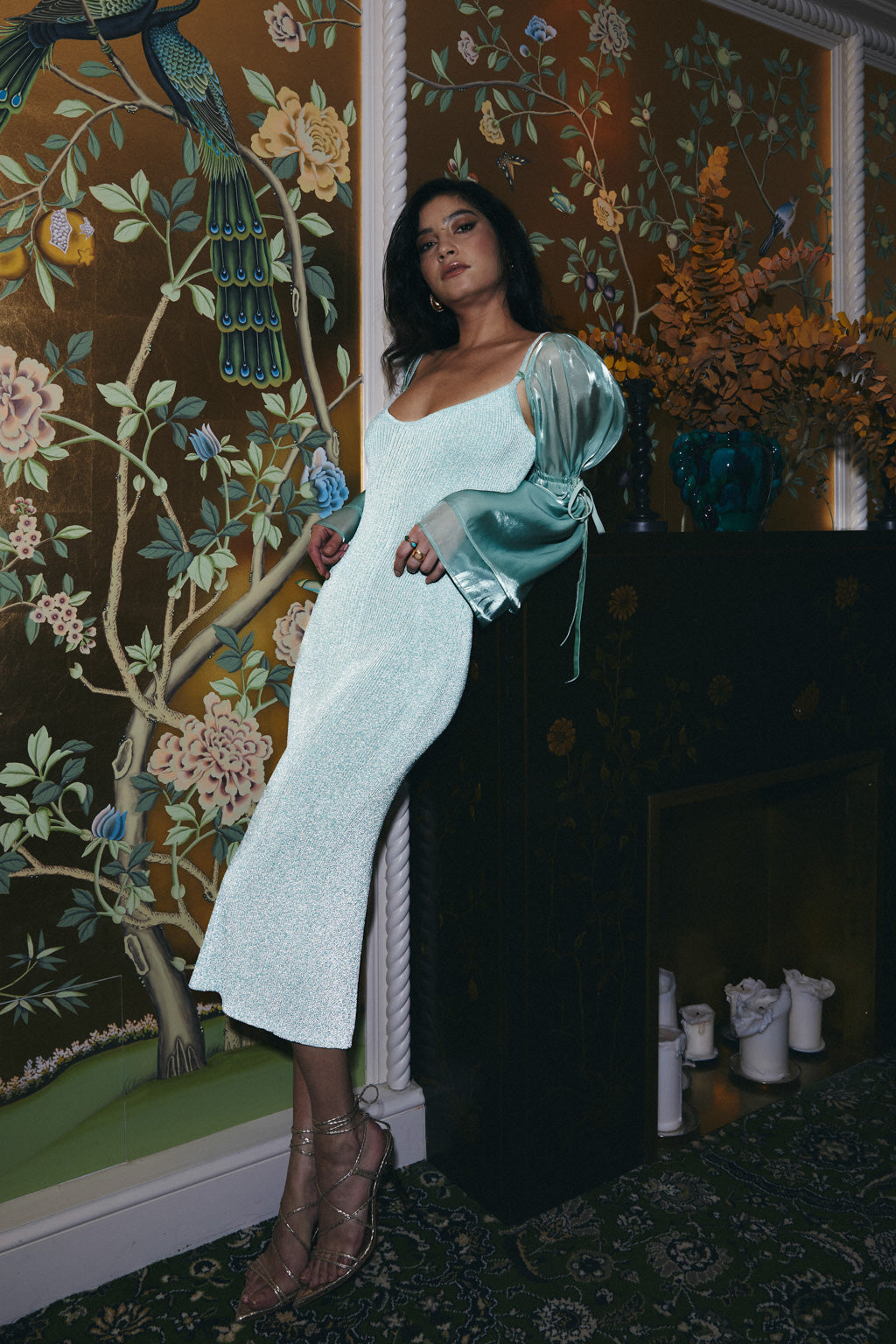 Robe en maille réfléchissante avec manche amovible en organza - vert aqua