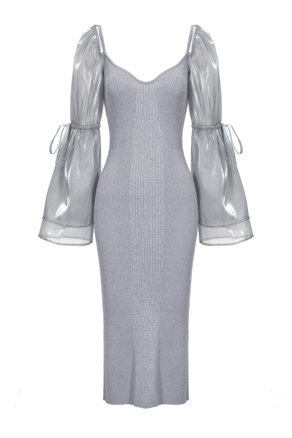 Reflective knit dress with detachable sleeves in organza - opal grey