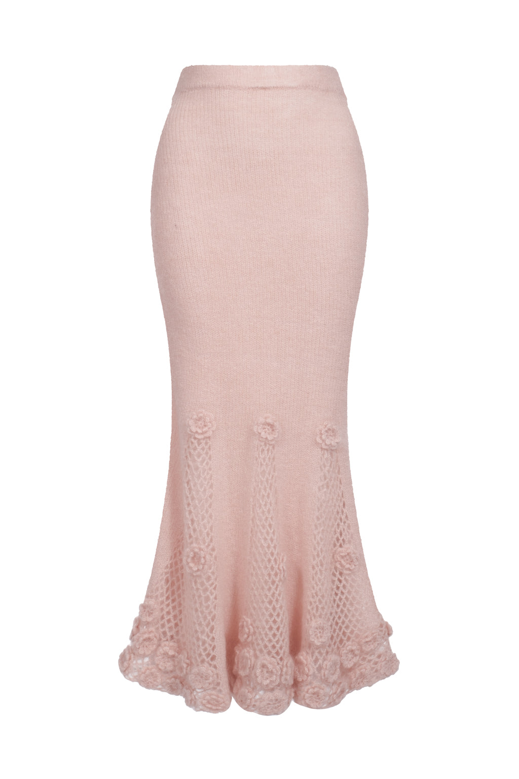 Mohair-blend long skirt with crocheted flowers - pinky beige