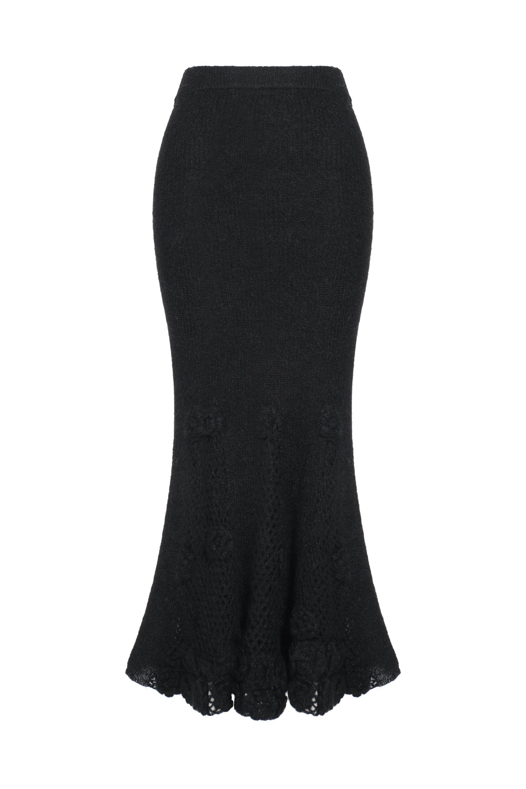 Mohair-blend long skirt with crocheted flowers - black