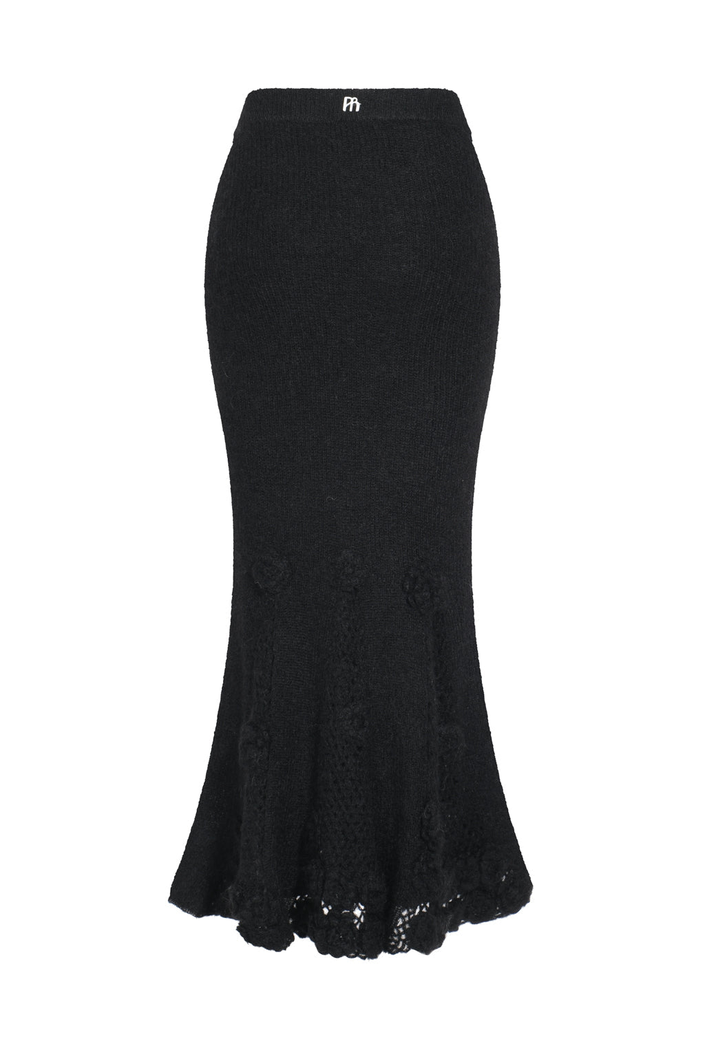Mohair-blend long skirt with crocheted flowers - black