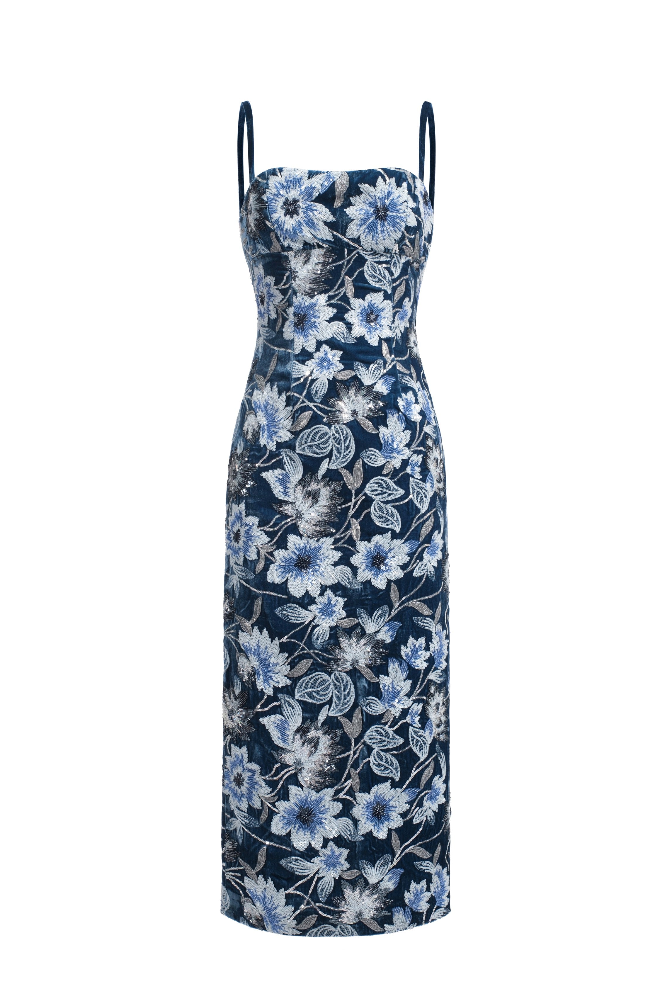 Robe midi en velours brodé - bleu