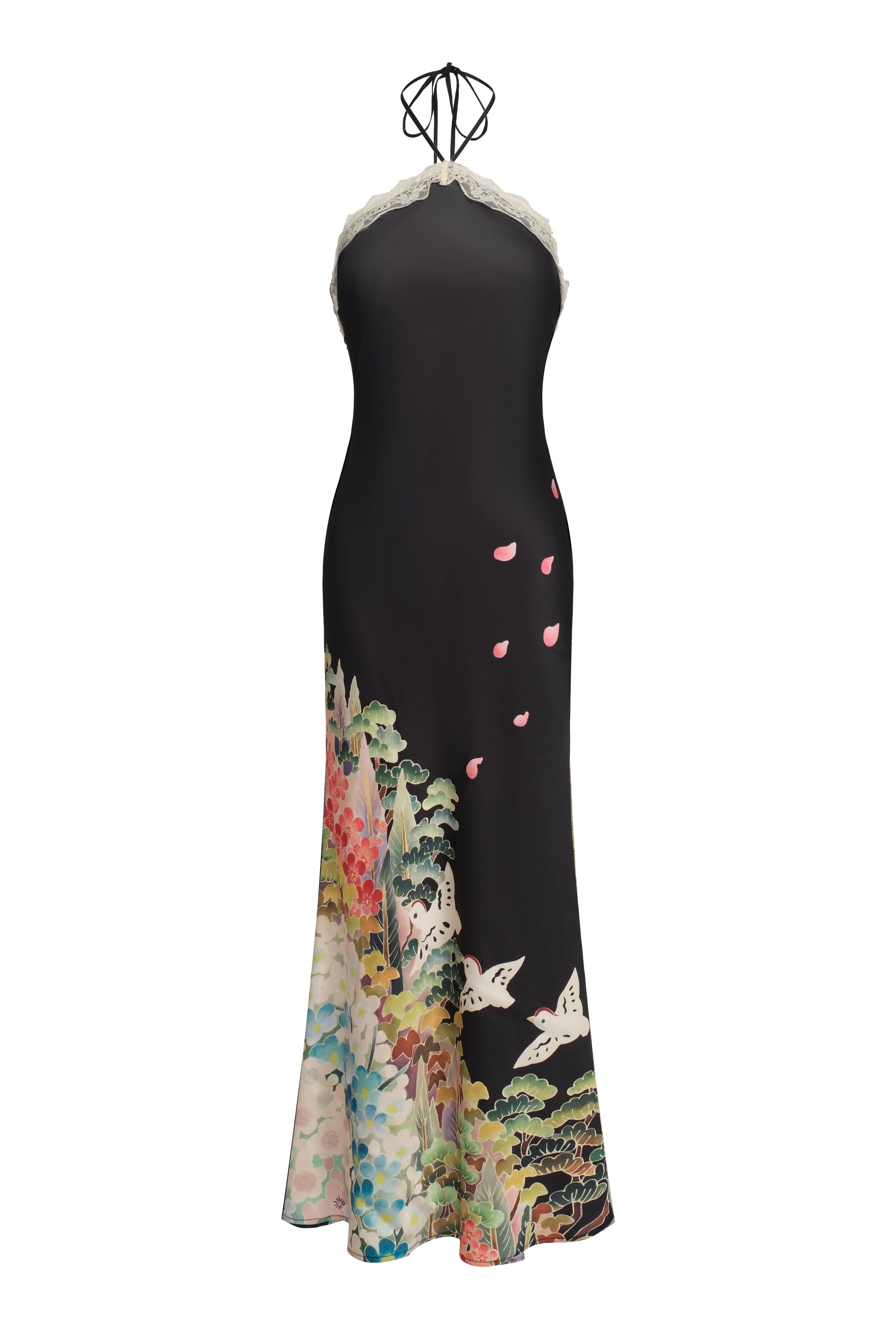 Robe longue à licou en satin à imprimé - noir