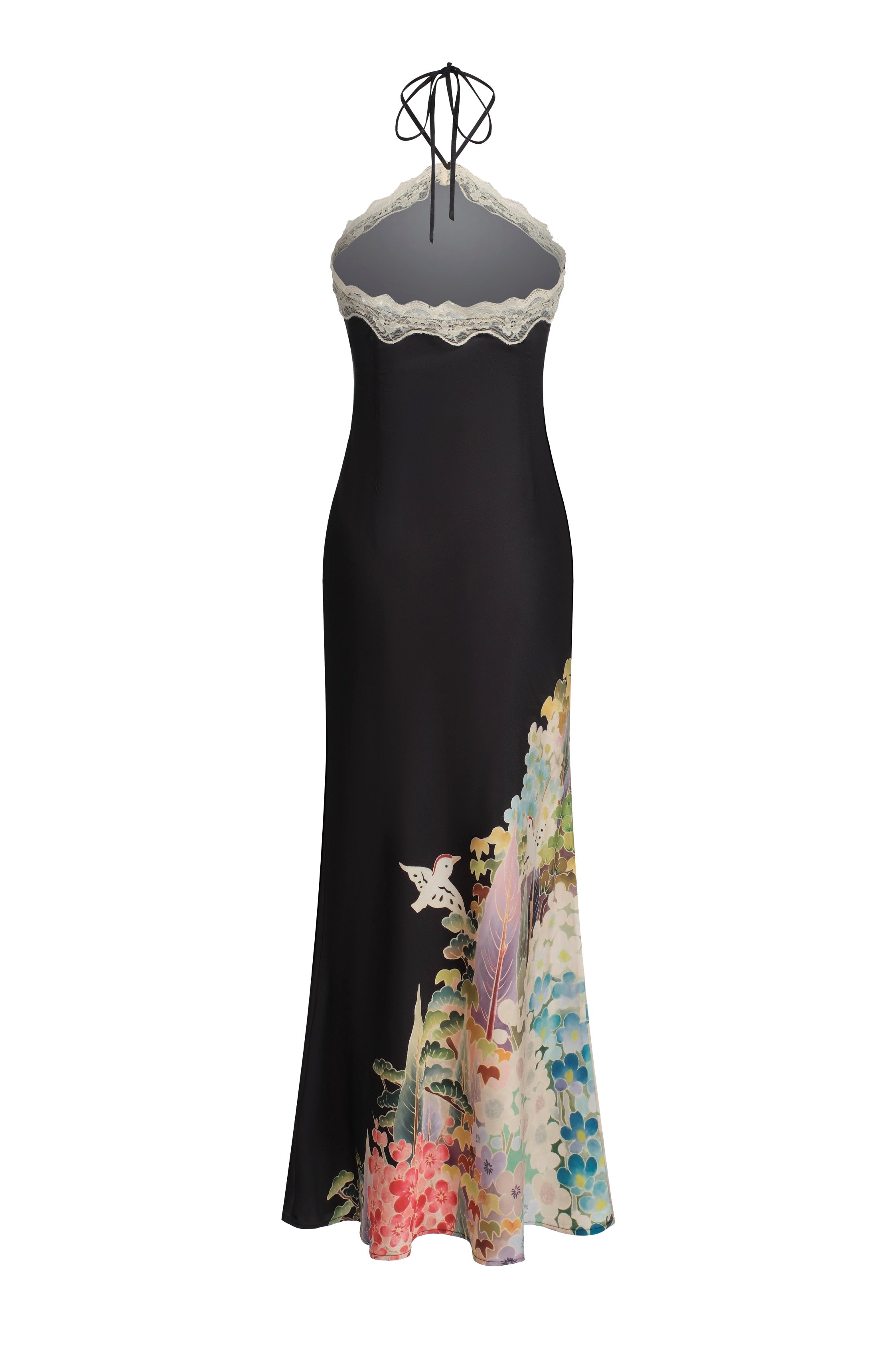 Robe longue à licou en satin à imprimé - noir