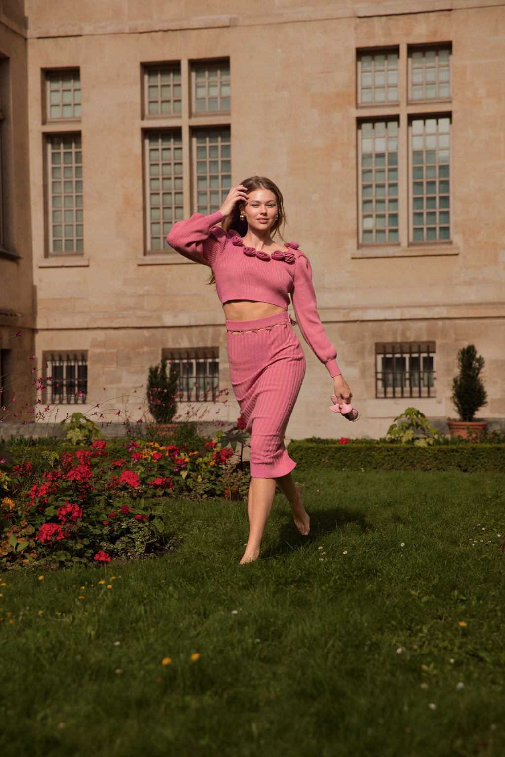 Jupe midi en laine mélangée suspendue à ceinture - rose baie