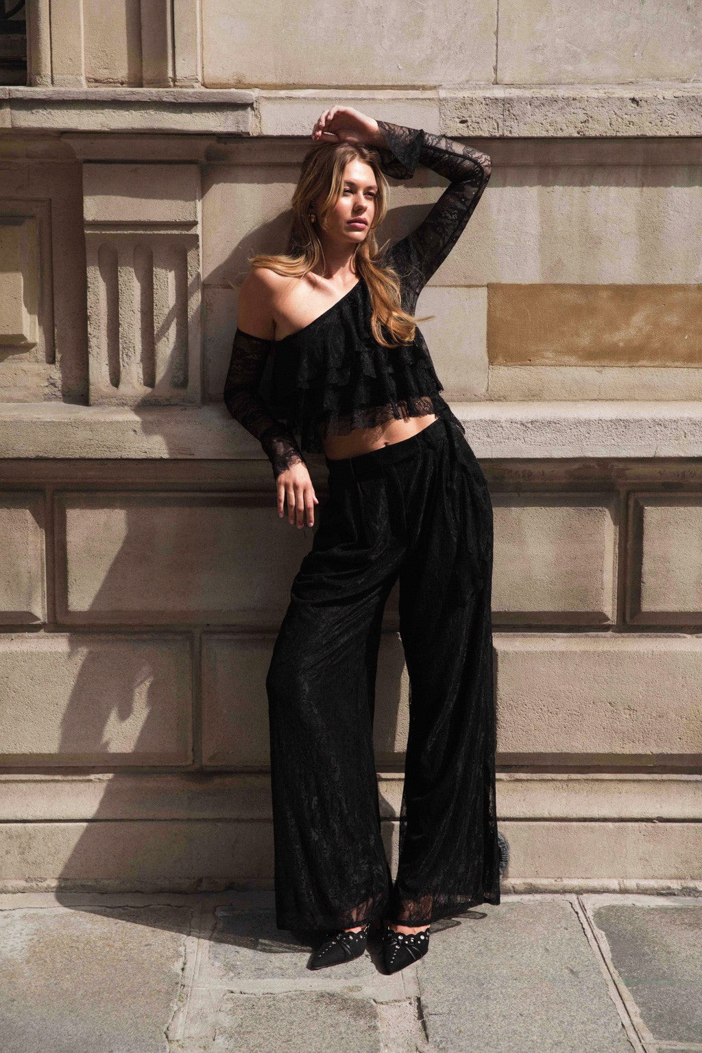 High-Waisted Wide Leg Lace Pants - Black