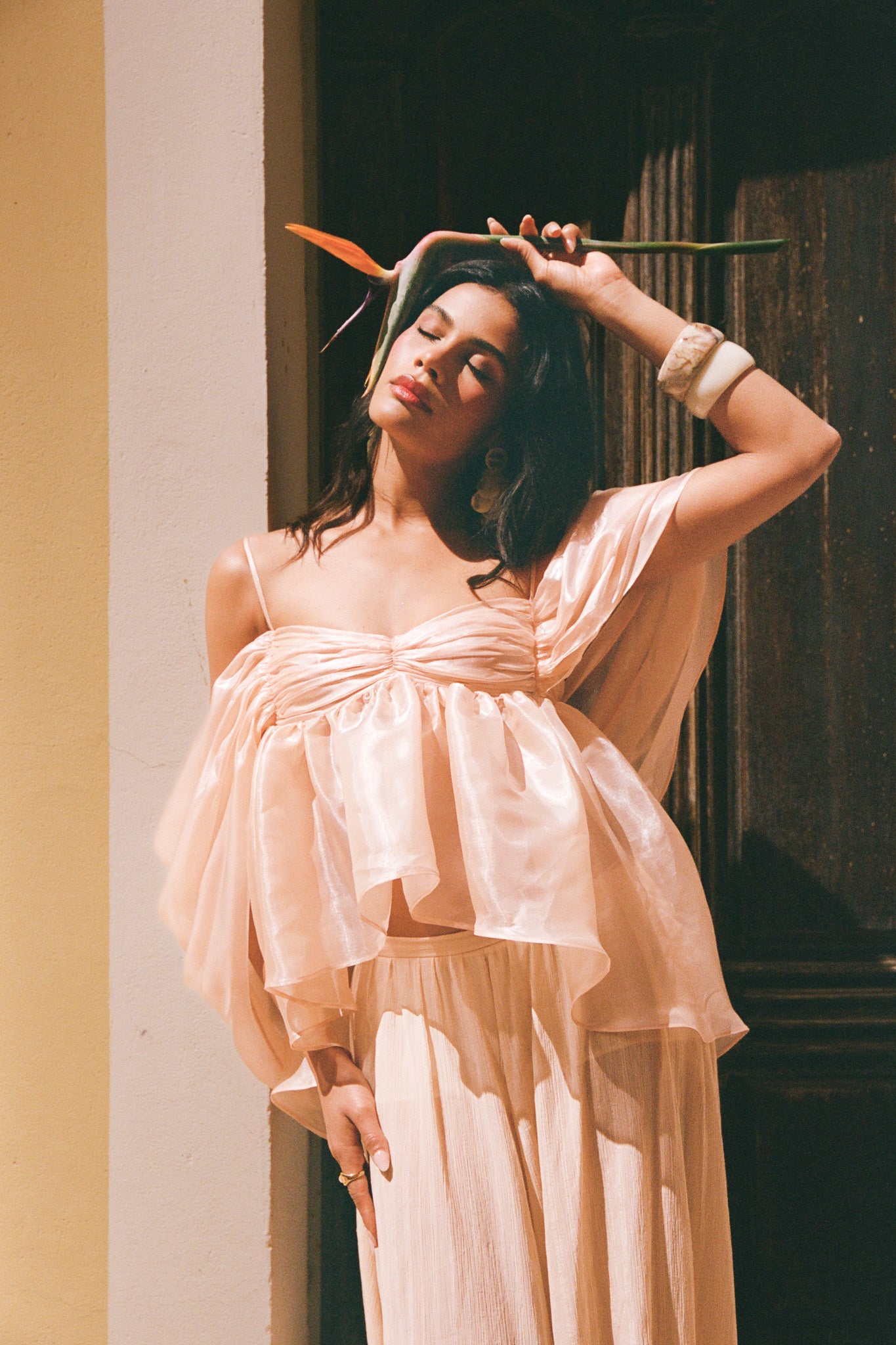 Ruffled organza open back top - Apricot