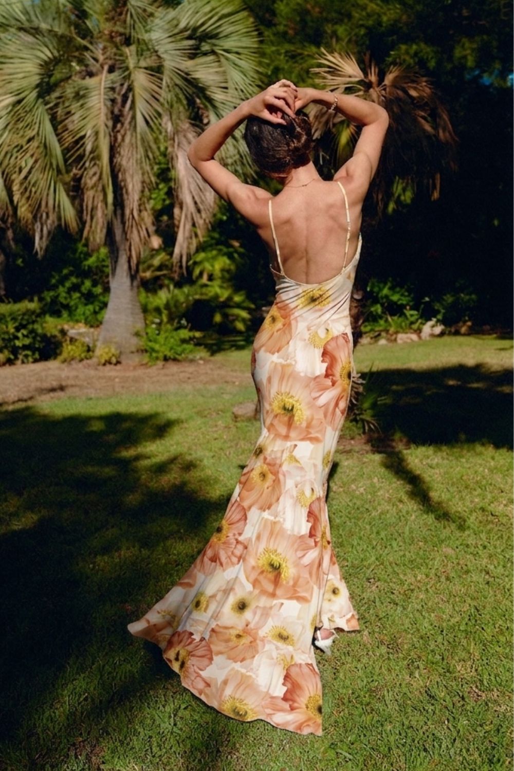 Long flared silk dress with floral print