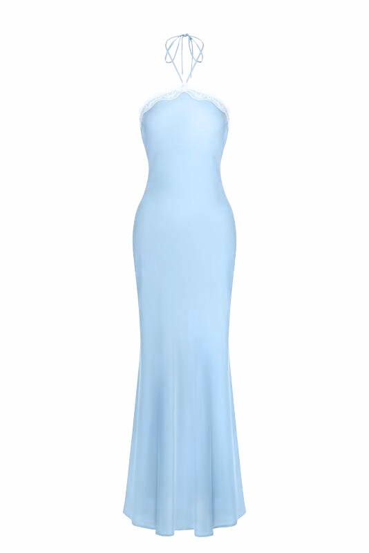 Halter-neck satin long dress - blue - pre order