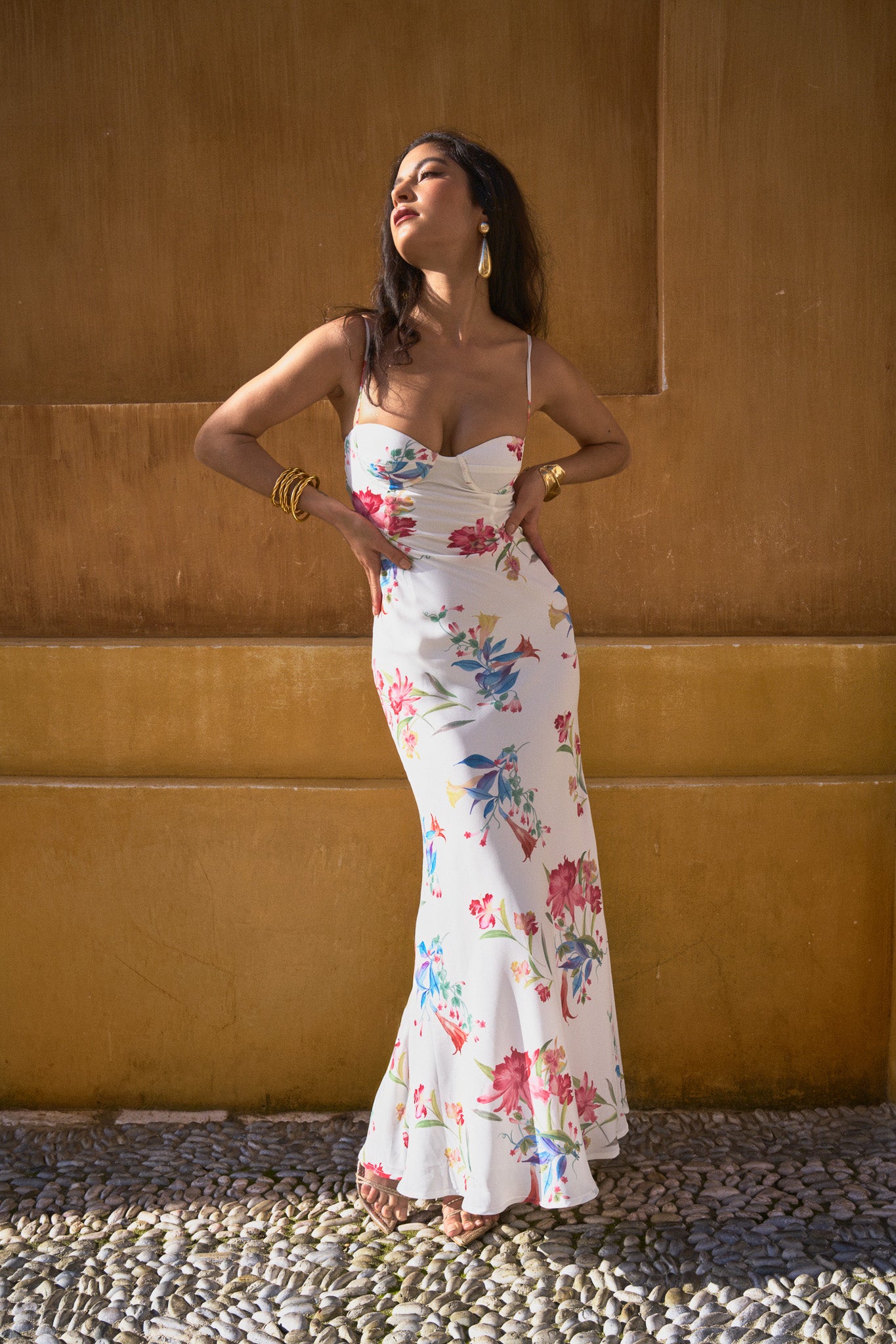 Robe longue bustier à imprimé – Blanc