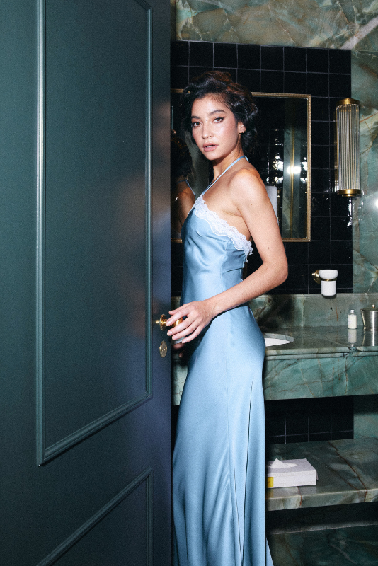 Halter-neck satin long dress - blue - pre order