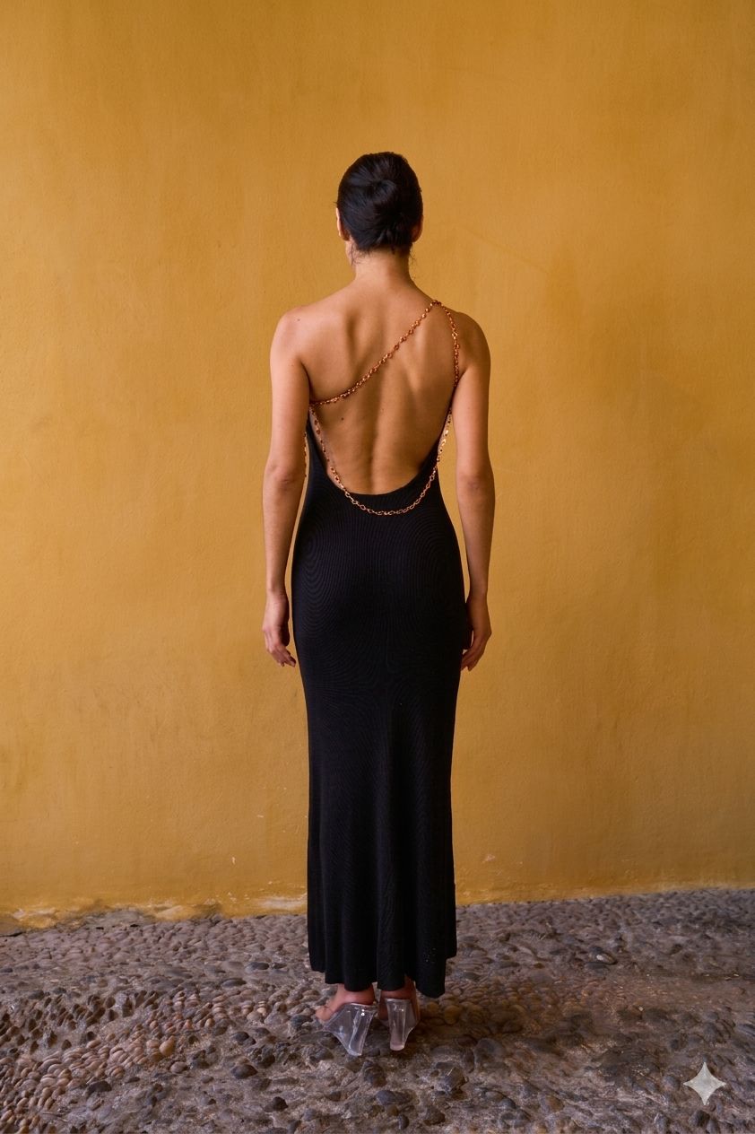 Robe dos nu en maille à chaîne – Noir
