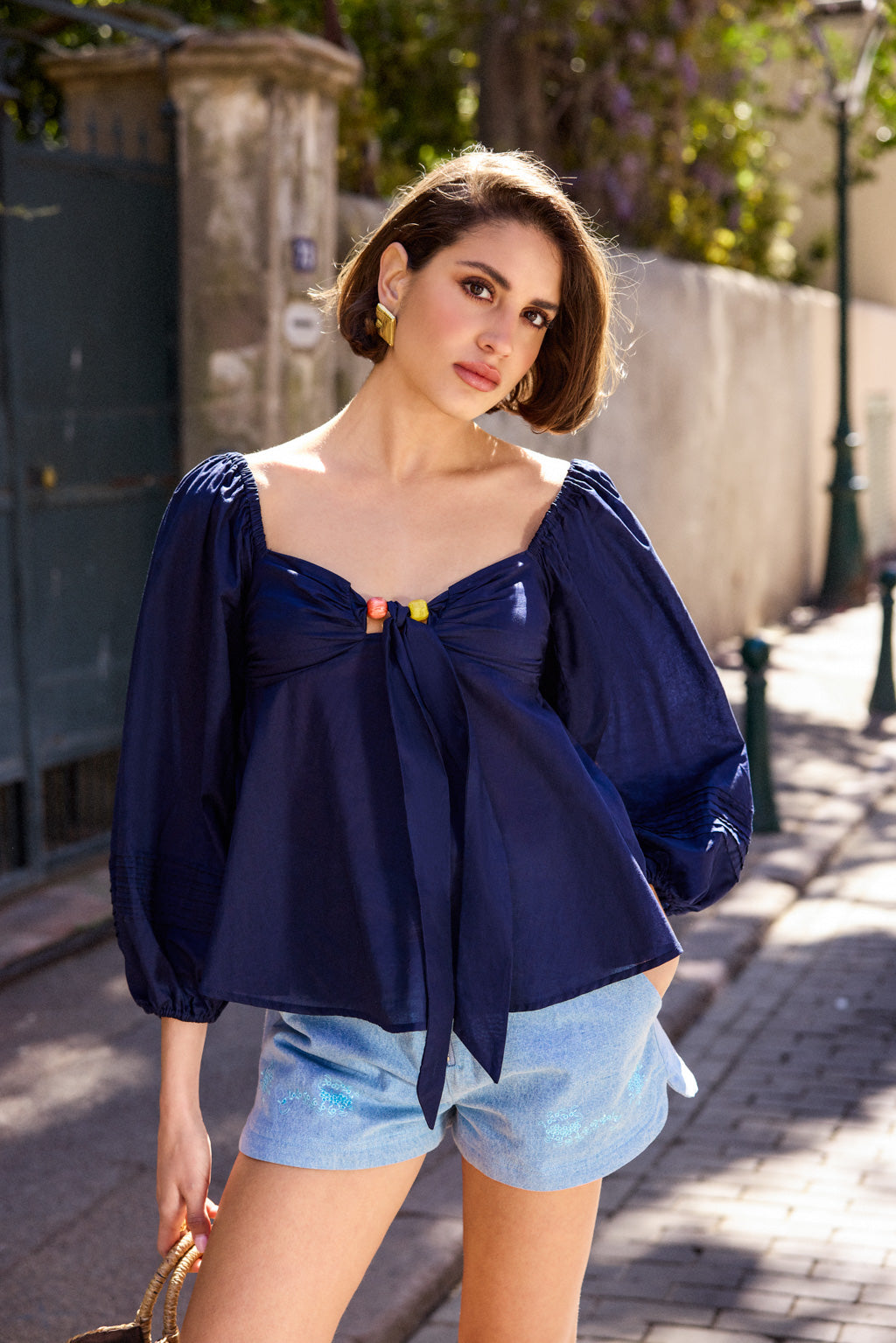 Tie-front top with puff sleeves - Navy blue (Pre-order)