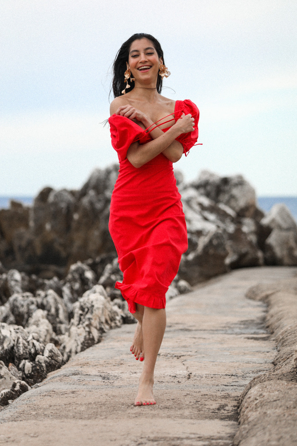 Puff Sleeve Stretch Linen-blend Midi Dress Red