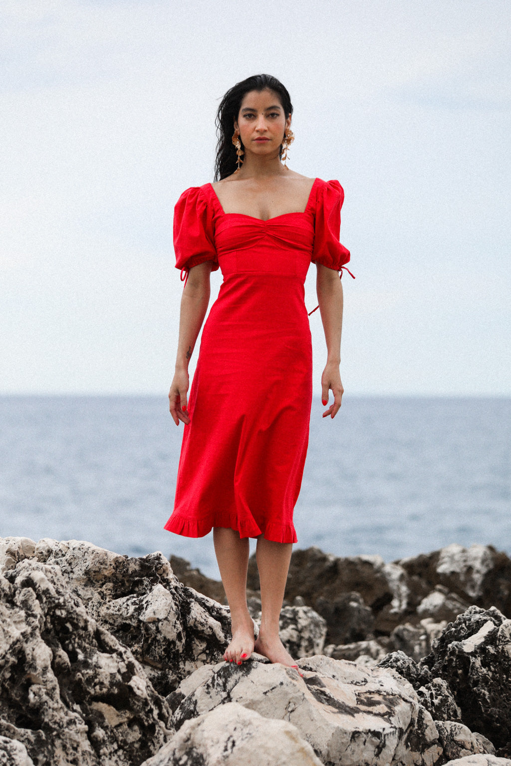 Robe Midi en Lin Stretch Melange a Manche Bouffante Rouge