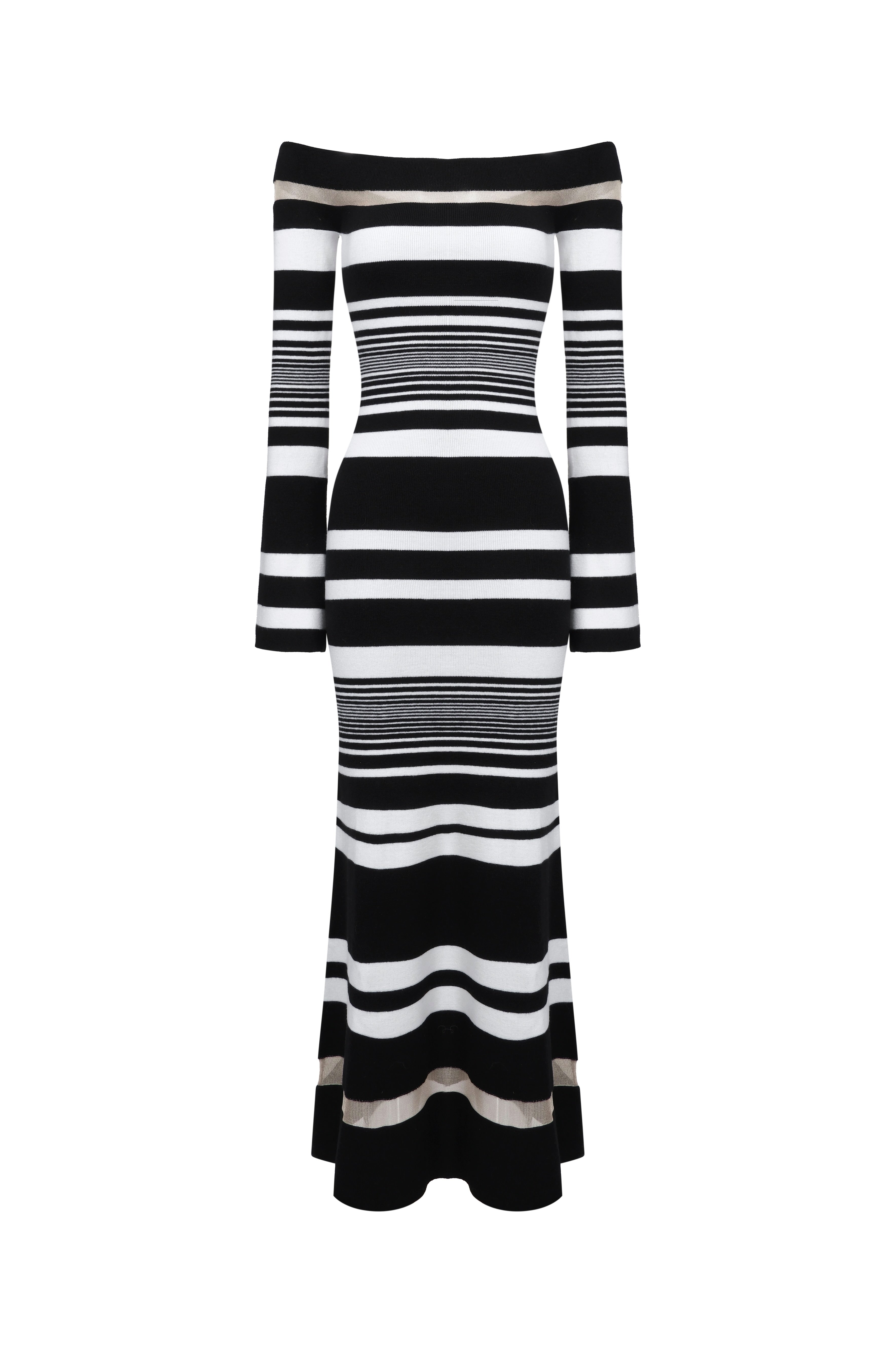 Off-the-shoulder striped knit dress - Black and white