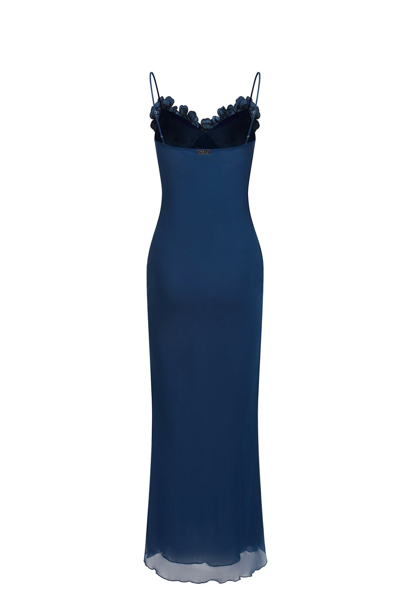 Robe en chiffon à fleurs brodées - Bleu