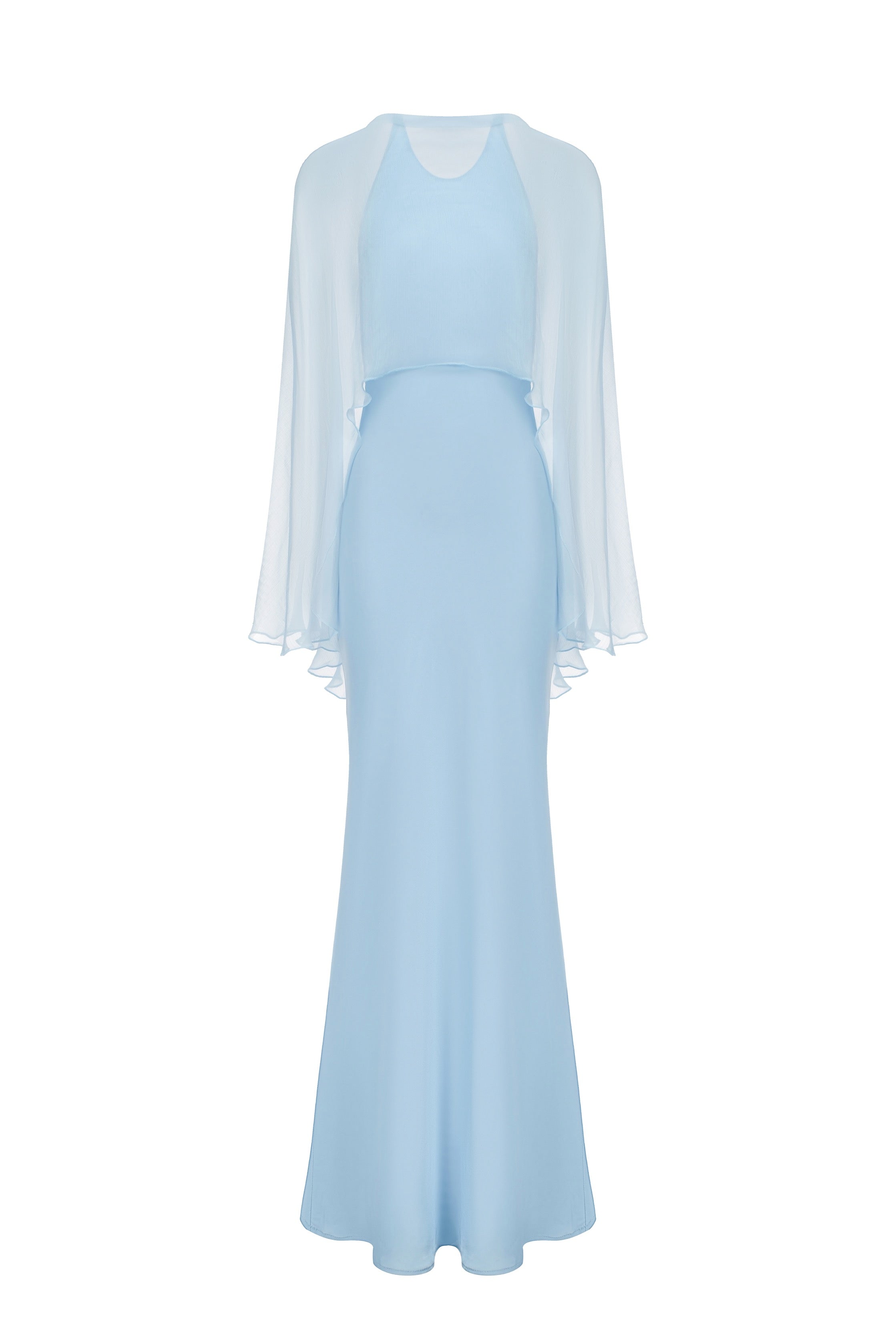 Long satin dress with chiffon stole - Blue