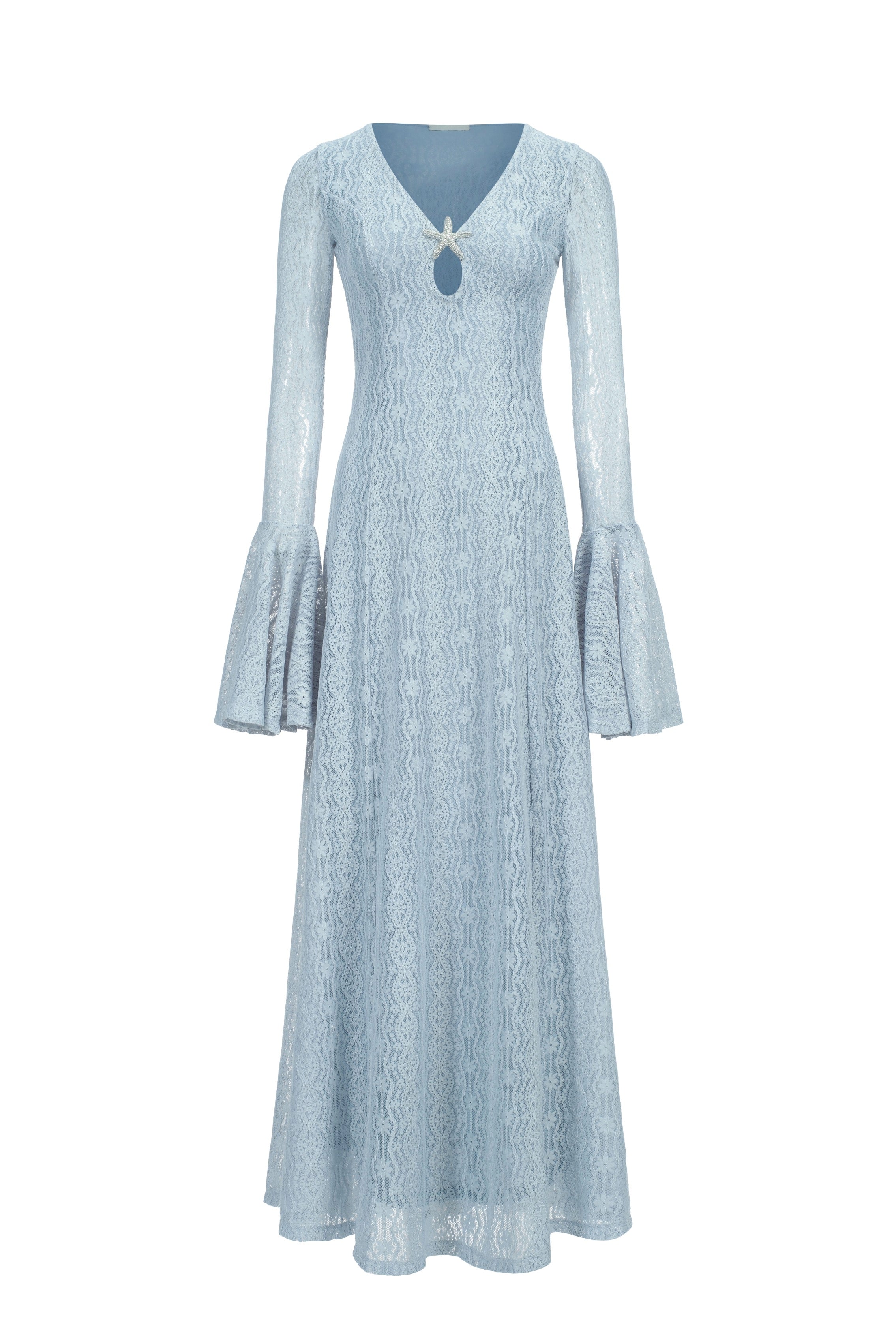Robe maxi en dentelle avec manches volantes - bleu