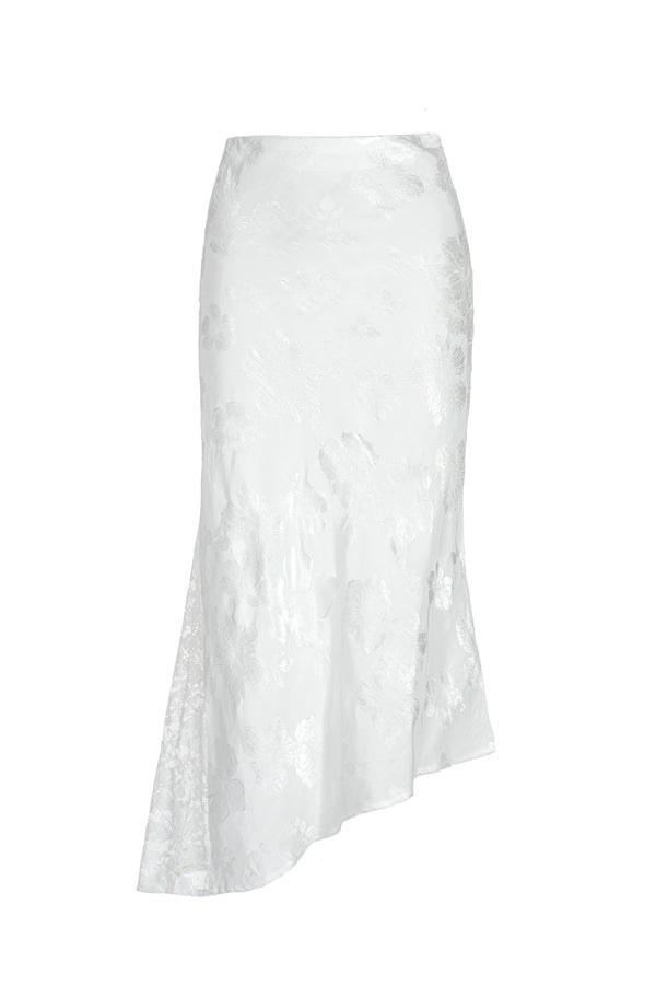 蕾絲提花緞面不對稱半身裙 - 白色