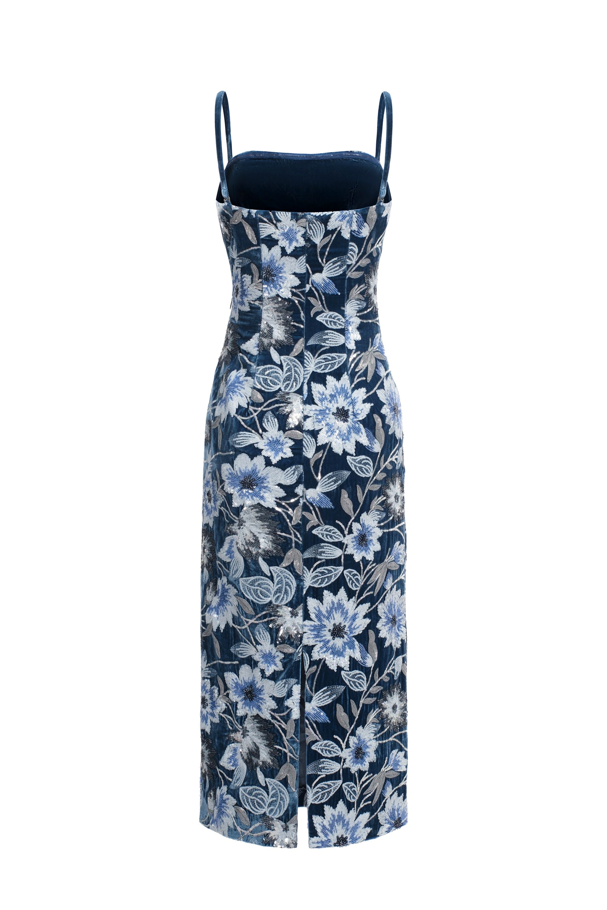 Robe midi en velours brodé - bleu