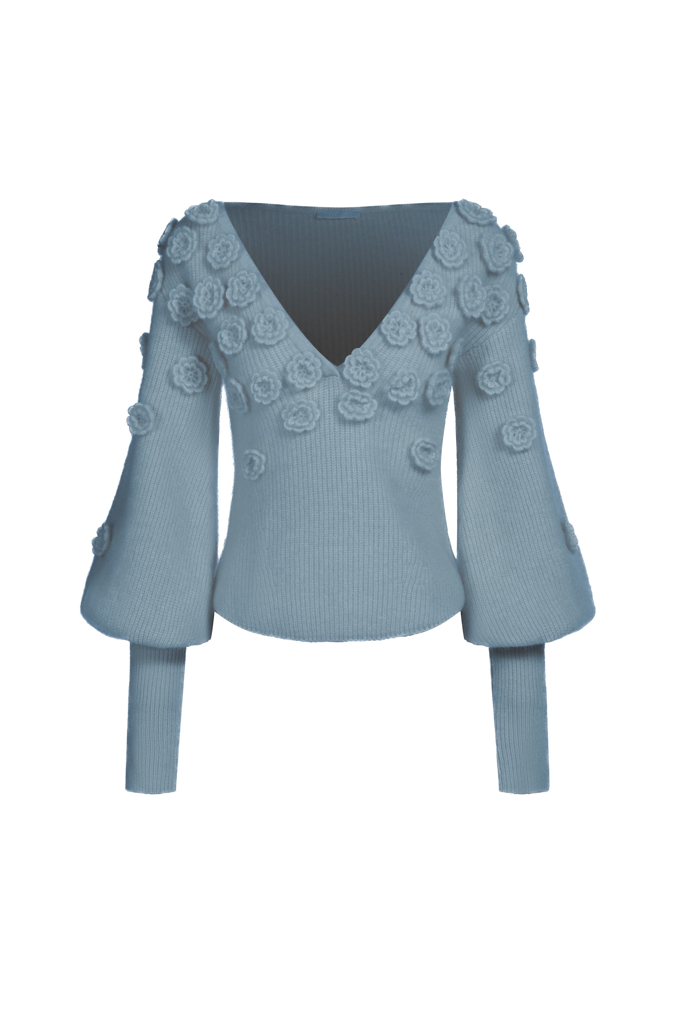 Pull col V en mohair et laine à fleurs - bleu