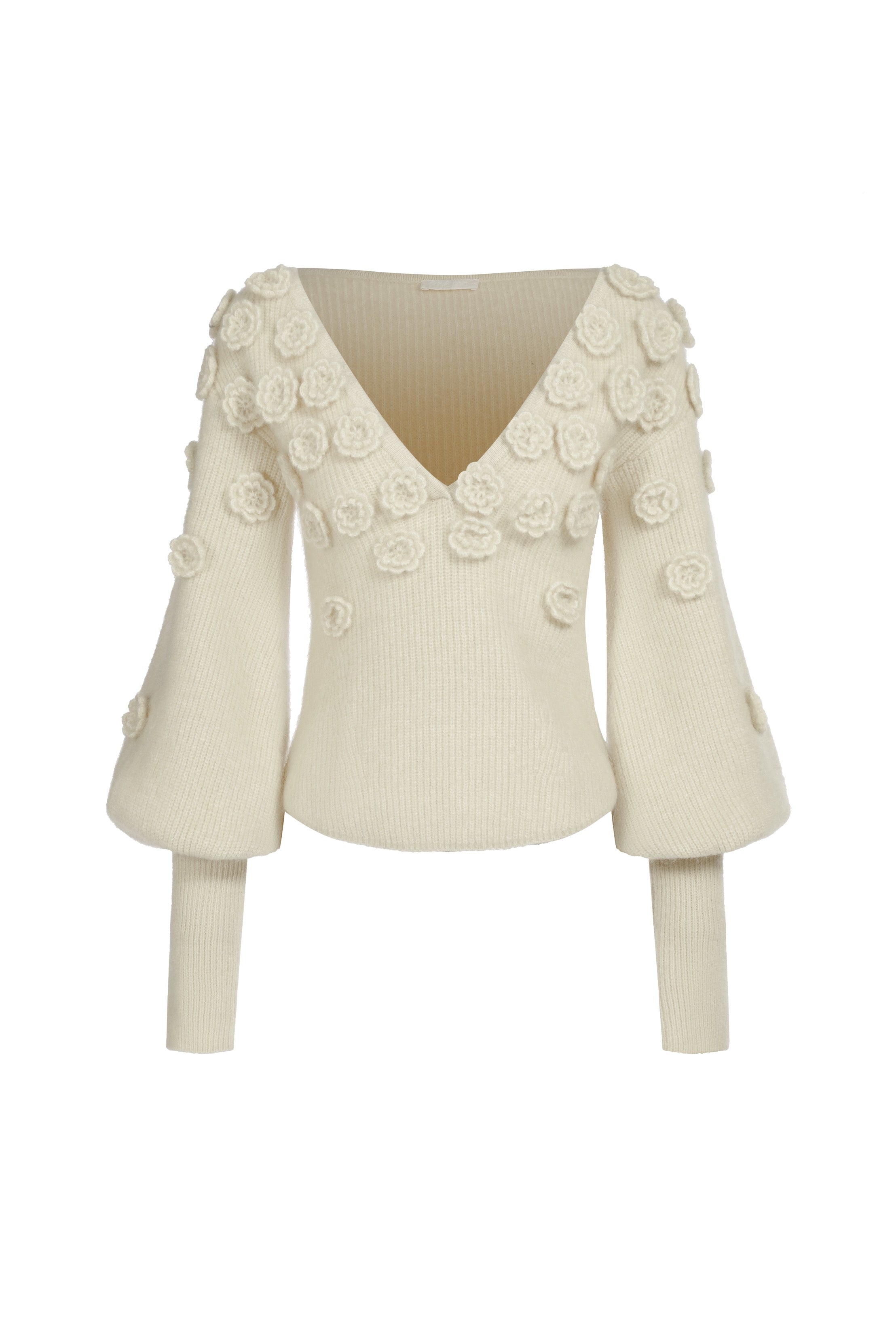 Pull col V en mohair et laine à fleurs - blanc