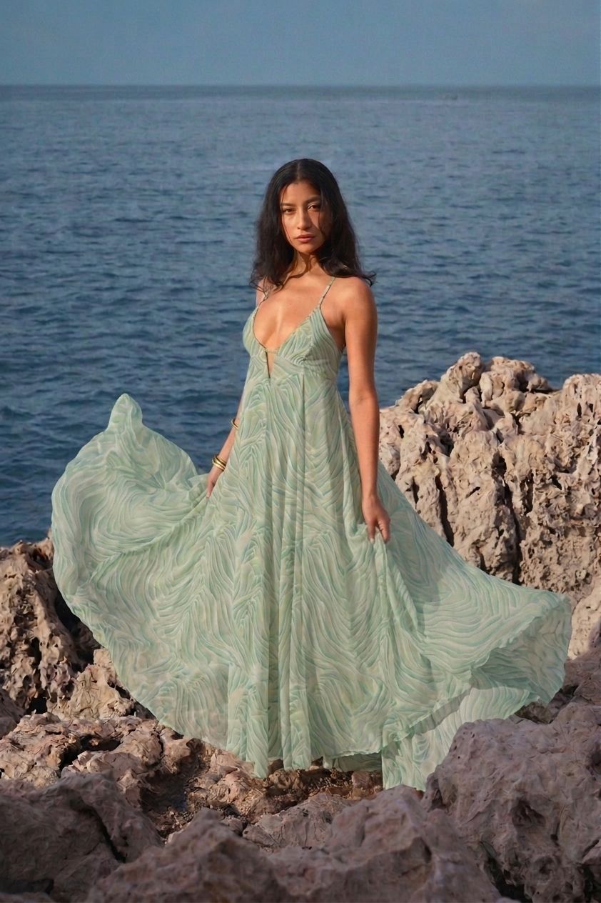 Robe longue en chiffon imprimé vert, légère et fluide, inspirée des mouvements de la mer. Coupe aérienne, silhouette féminine et élégante — une pièce signature de Phème Paris.