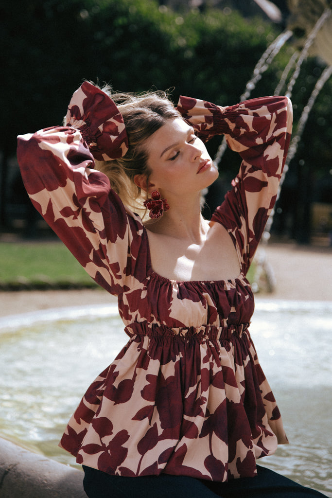 Ruffled floral-print top - Red