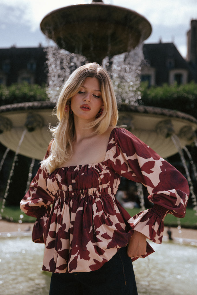 Ruffled floral-print top - Red