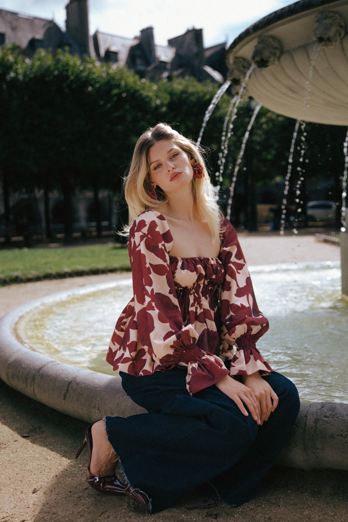 Ruffled floral-print top - Red