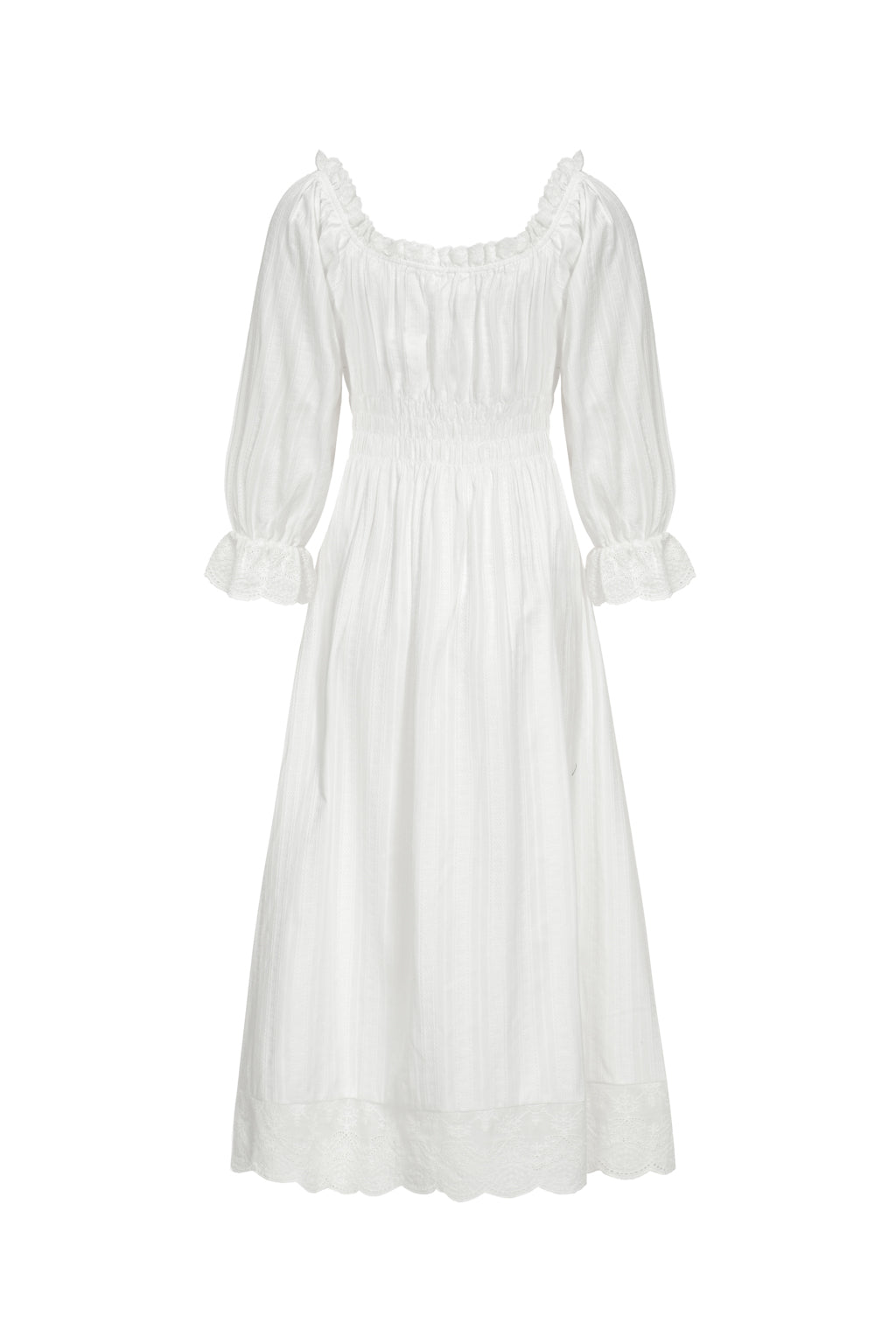 Smocked Puff Sleeve Cotton Midi Dress White