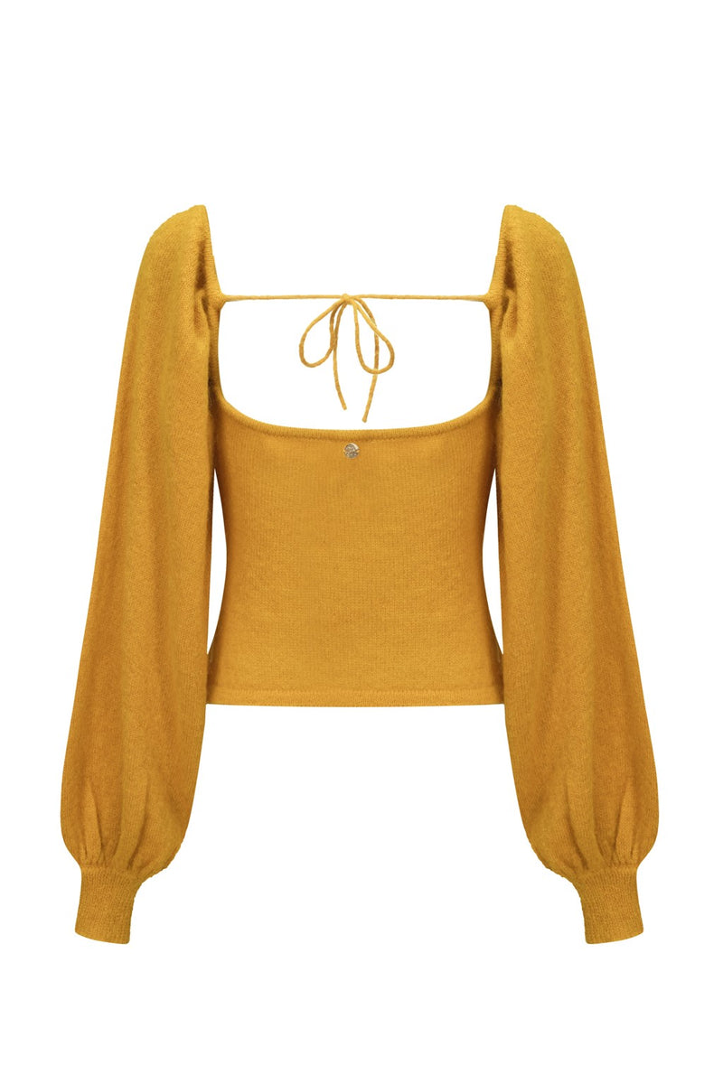 安哥拉山羊毛泡泡袖針織上衣 - 橙黃色