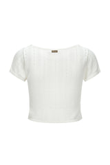 T-shirt en Maille Ajourée Blanc Cassé