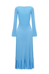 方領羅紋針織長洋裝 - 藍色