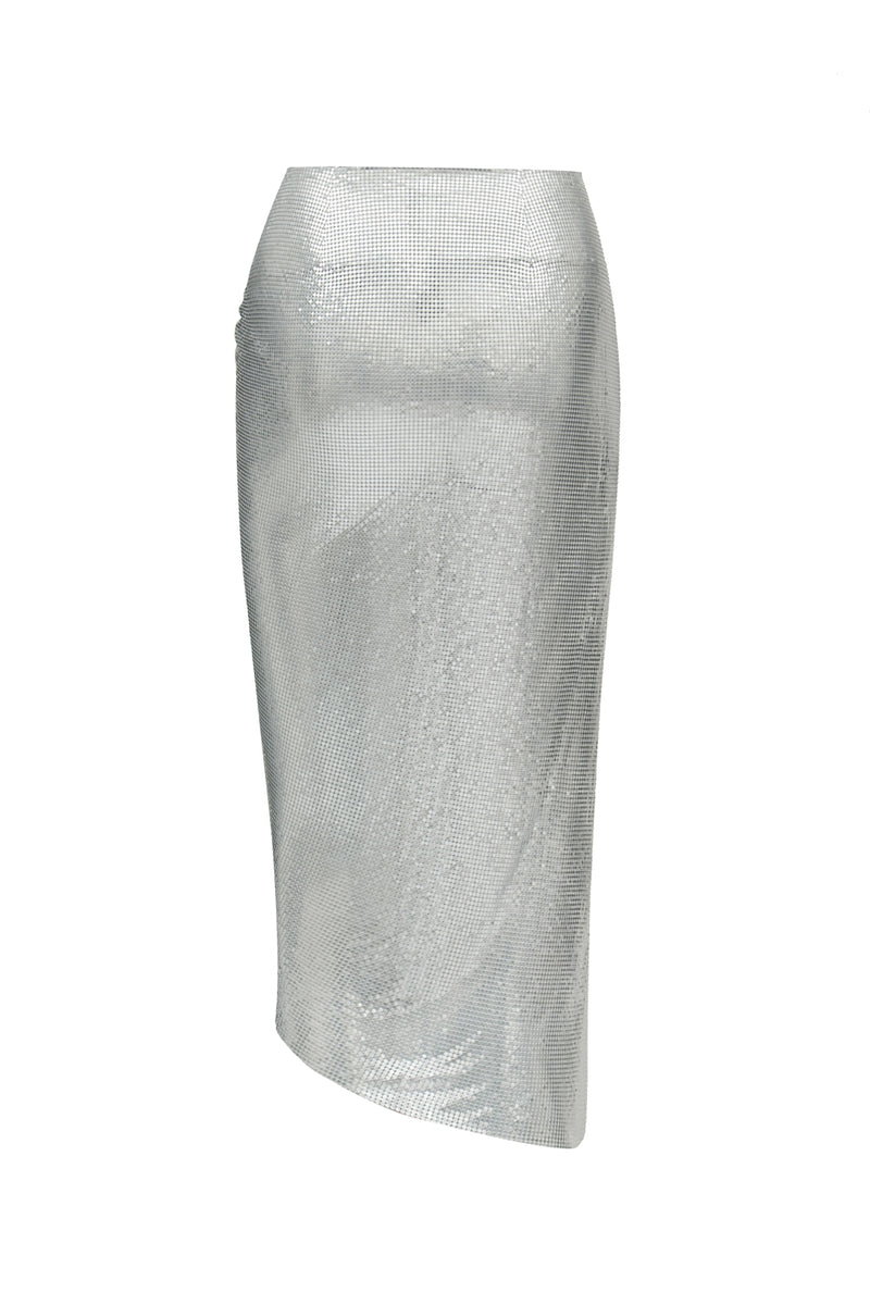 Asymmetrical Chainmail Draped Midi Skirt Silver
